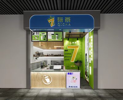 7 Tea Milk Tea Shop Exterior With Blue Awning Green Decor And Counter 3d model