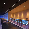 Modern Restaurant Interior With Glass Facade And Blue Lighting Design Layout 3d model