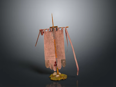 Ancient Style Banner Stand Featuring Wooden Pole Spiked Top Cloth Tassels And Green Base 3d model