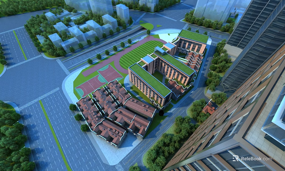 School Buildings Complex Aerial View With Green Spaces And Sports Fields 3d model 