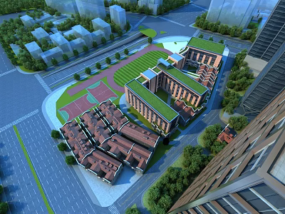 School Buildings Complex Aerial View With Green Spaces And Sports Fields 3d model