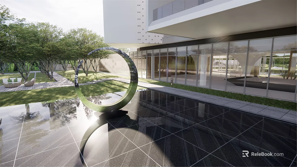 Circular Metal Landscape Sculpture in Modern Building Courtyard With Glass Curtain Wall Water Pool and Greenery 3d model 