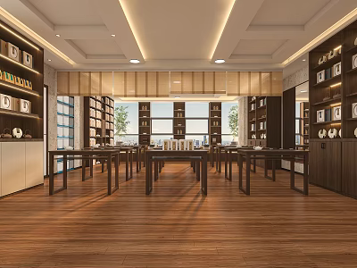 Modern Retail Store Interior with Wooden Flooring Display Shelves Tables and Large Windows 3d model
