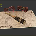 Vintage Business Equipment Including Telescope Binoculars On Detailed Antique Map