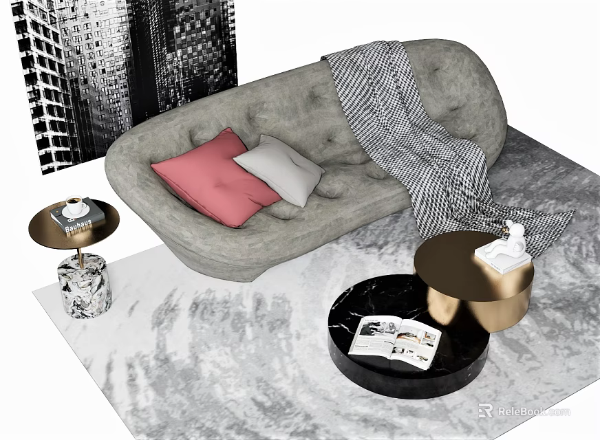 Modern Gray Sectional Sofa With Pink White Pillows And Striped Blanket On Rug 3d model 