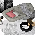 Modern Gray Sectional Sofa With Pink White Pillows And Striped Blanket On Rug