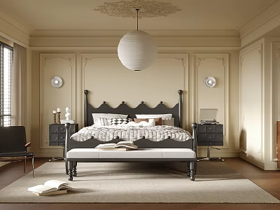 Classic Bedroom Interior With Black Headboard Bed Paneled Walls White Pendant Light And Wooden Floor 3d model