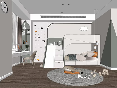 Modern Kids Room With Climbing Wall Slide Bed Desk Toys And Cloud Decor 3d model