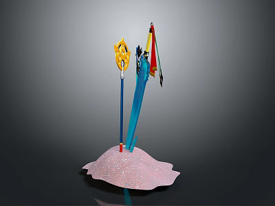 Vibrant Ancient Weapons With Colorful Flags On Pink Sparkling Display Base 3d model