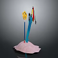 Vibrant Ancient Weapons With Colorful Flags On Pink Sparkling Display Base