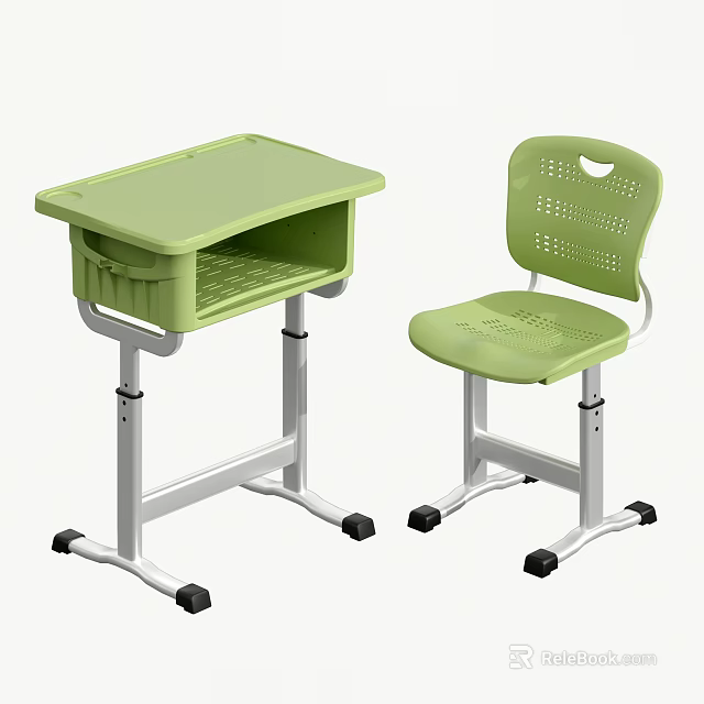Green Student Desk And Chair Set With Metal Frame And Ventilated Seat Design 3d model 