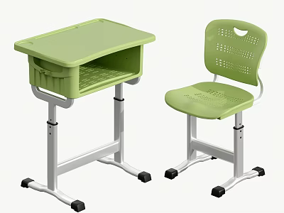 Green Student Desk And Chair Set With Metal Frame And Ventilated Seat Design 3d model