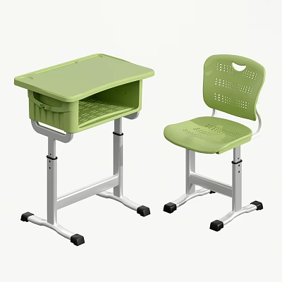 Green Student Desk And Chair Set With Metal Frame And Ventilated Seat Design 3d model