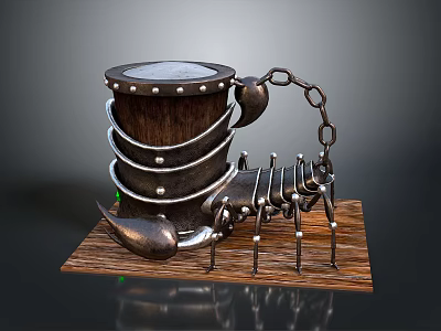 Intricate Reptile Scorpion Metal Sculpture With Chain Decoration On Wooden Base 3d model