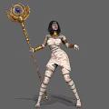 Mummy Style Game Movie Character With White Bandages Golden Winged Scepter And Black Hair