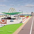 Concrete Road Bridge With Street Lamps And Vehicles Over Blue Water