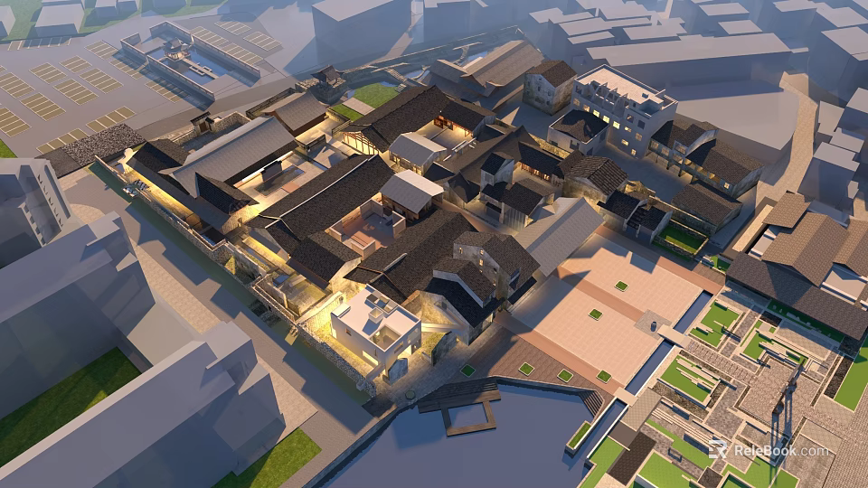 Ancient Architecture Complex With Traditional Roofs Courtyard Layout And Waterfront Scenery 3d model