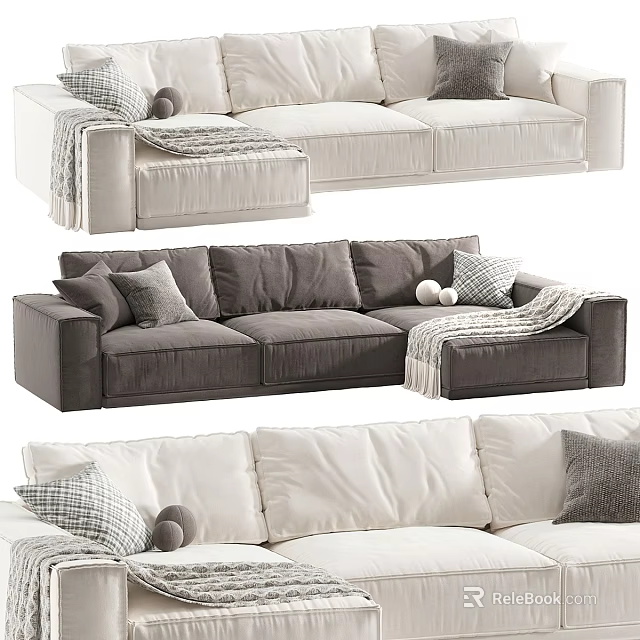 Cozy Sectional Sofa Designs With Beige Gray Upholstery Throw Pillows And Blankets 3d model 