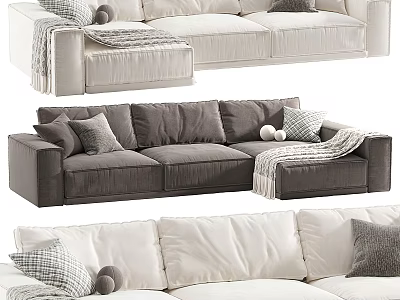 Cozy Sectional Sofa Designs With Beige Gray Upholstery Throw Pillows And Blankets 3d model