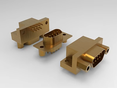 Durable Industrial Equipment Golden Metal Connectors with Multiple Pins and Mounting Holes 3d model