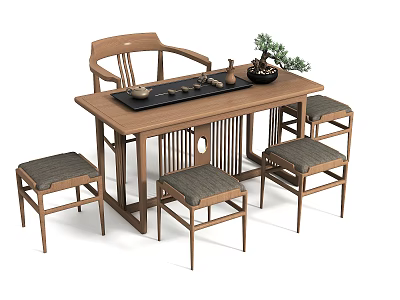 Wooden Tea Table And Chairs With Tea Set Small Potted Plant And Cushioned Seats 3d model