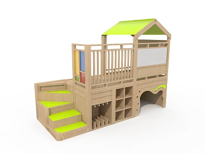 Wooden Children's Playground Structure with Green Roof Steps Railing and Storage Compartments 3d model