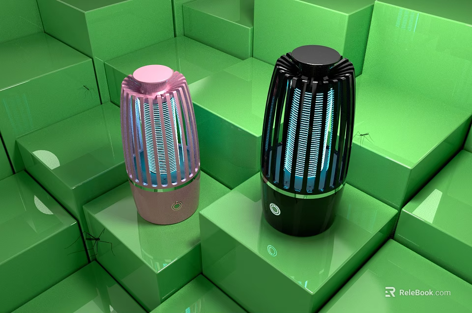 Modern Pink And Black Mosquito Killer Lamps On Green Cube Background 3d model 