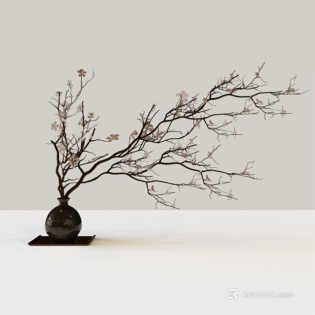 Bonsai Plant with Slender Branches and Pink Flowers in Black Vase on White Background 3d model 