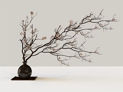 Bonsai Plant with Slender Branches and Pink Flowers in Black Vase on White Background 3d model