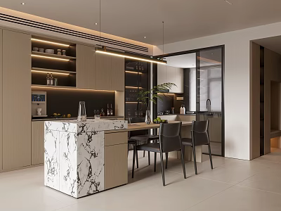 Modern Restaurant Open Kitchen Interior With Marble Island Cabinets And Pendant Lights 3d model