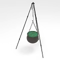 Kitchen Cooking Pot Hanging On Tripod Stand With Chain Green Lid And Black Body Design