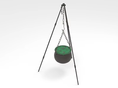 Kitchen Cooking Pot Hanging On Tripod Stand With Chain Green Lid And Black Body Design 3d model