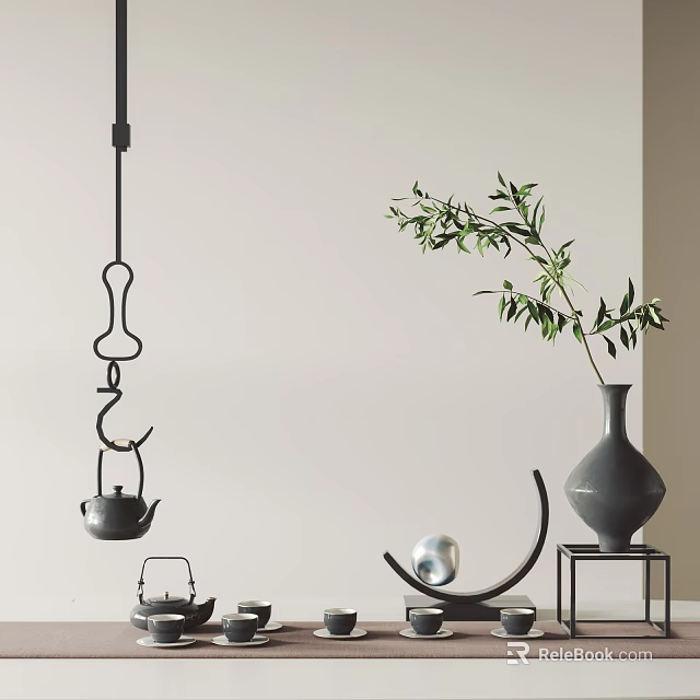 Minimalist Modern Tea Set with Hanging Teapot Olive Branch and Vase 3d model
