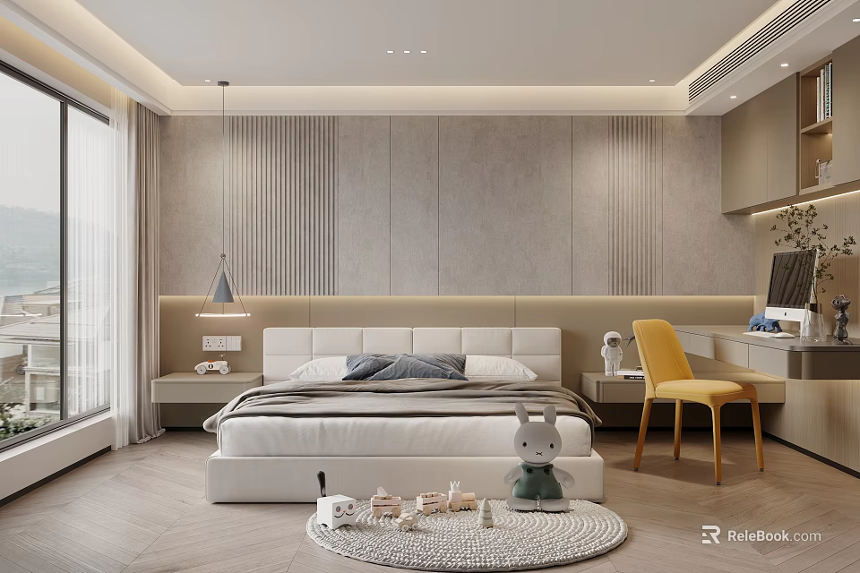 Modern Kids Bedroom With Toys And Round Rug 3d model 
