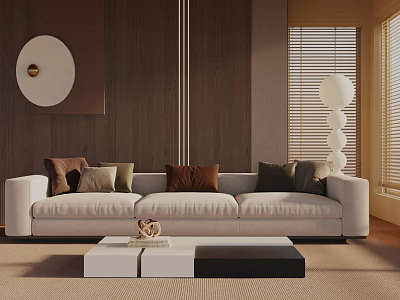 Cream Three Seater Sofa With Multiple Colored Pillows Wooden Wall Decor And Coffee Table 3d model