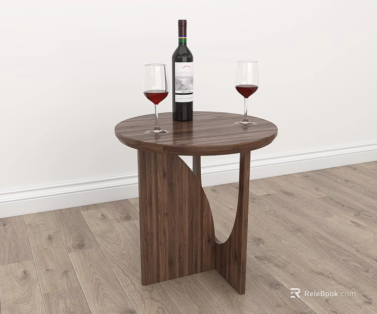 Wooden Round Side Table With Wine Bottle And Glasses On Wooden Floor Against White Wall 3d model 