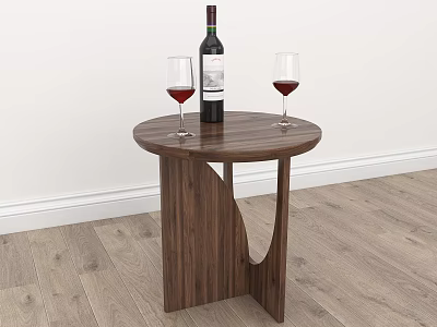 Wooden Round Side Table With Wine Bottle And Glasses On Wooden Floor Against White Wall 3d model