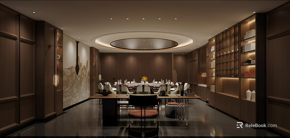 Elegant Chinese Private Dining Room Interior With Round Table Seating And Traditional Decor 3d model 