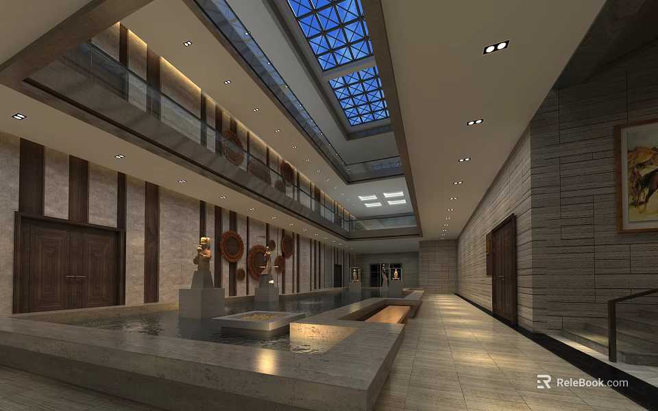 Spacious Grand Hall Interior With Glass Ceiling Water Pool And Sculptures 3d model 