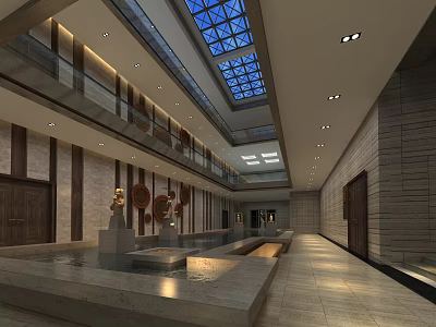 Spacious Grand Hall Interior With Glass Ceiling Water Pool And Sculptures 3d model