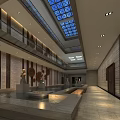 Spacious Grand Hall Interior With Glass Ceiling Water Pool And Sculptures