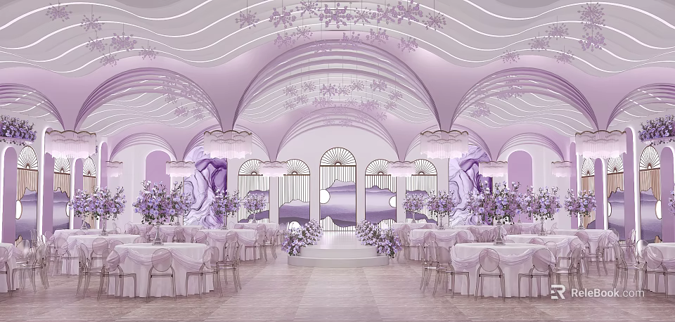 Lavender And White Decorated Banquet Hall With Arched Doorways Chandeliers And Floral Arrangements 3d model 