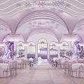 Lavender And White Decorated Banquet Hall With Arched Doorways Chandeliers And Floral Arrangements