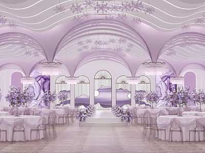 Lavender And White Decorated Banquet Hall With Arched Doorways Chandeliers And Floral Arrangements 3d model