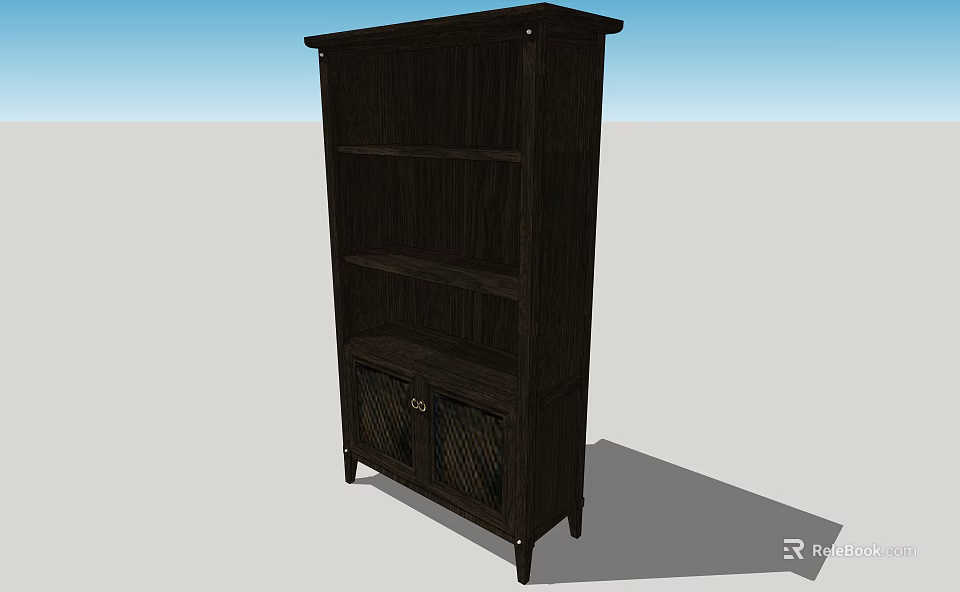 Dark Wooden Bookcase With Open Shelves And Closed Cabinet Doors 3d model 