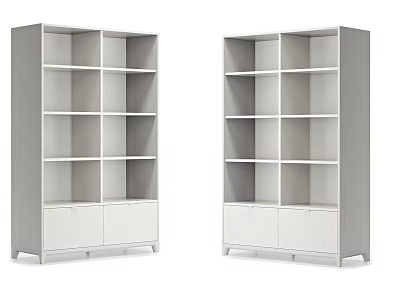 Two Modern Bookcases with Multiple Open Shelves and Bottom Cabinet Doors 3d model