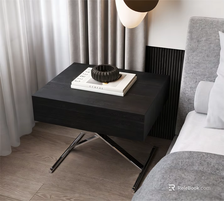 Modern Black Bedside Table With Metal Legs Book And Decorative Bowl 3d model 