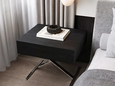 Modern Black Bedside Table With Metal Legs Book And Decorative Bowl 3d model