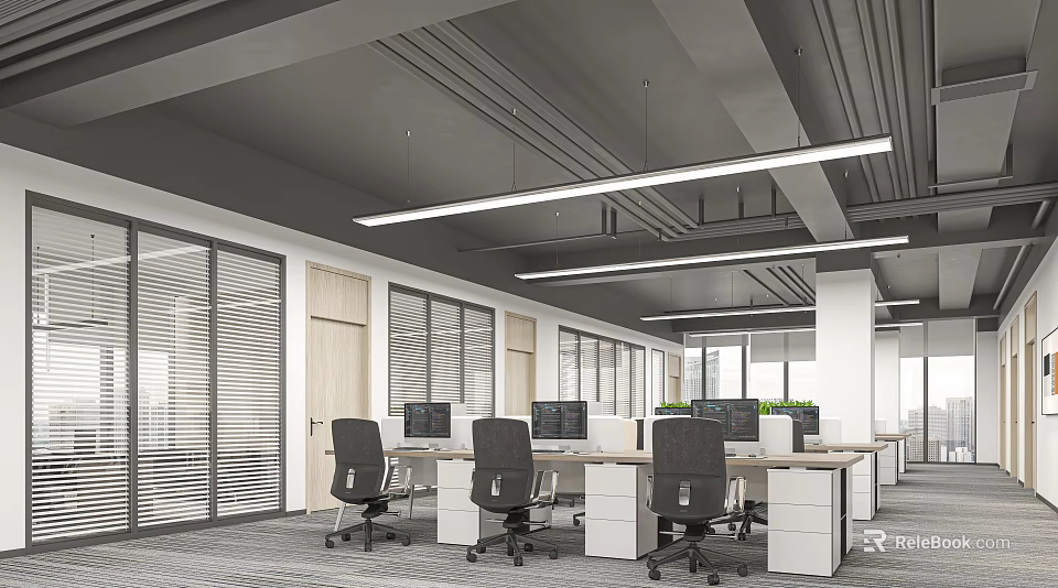 Public Office Space with Modern Design Ergonomic Chairs Desks Large Windows Blinds Linear Pendant Lights 3d model 
