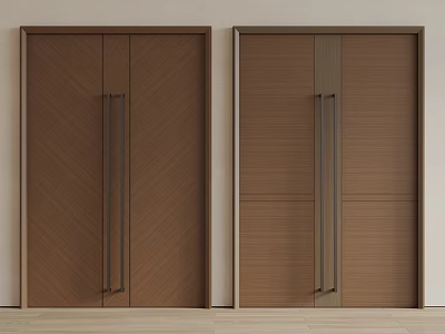 Modern Brown Wooden Doors Featuring Metal Handles Chevron And Horizontal Patterns 3d model